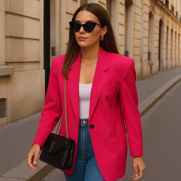 Vintage 80s Bianca Hot Pink Silk Power Blazer S - Picture 1 of 16